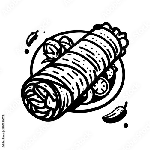 Burrito or Shawarma on Plate with Garnish Vector Illustration