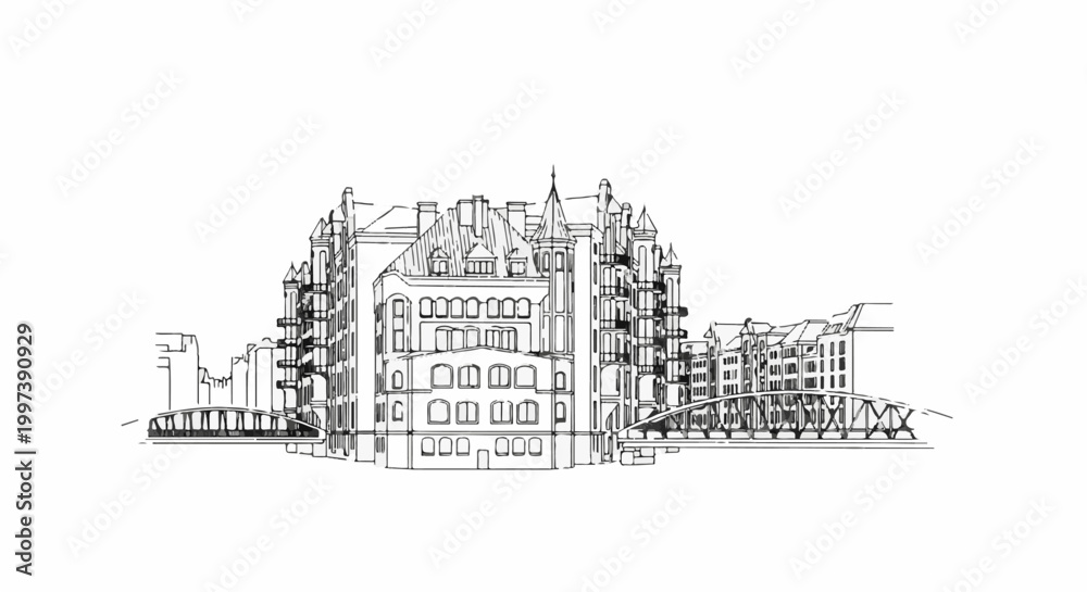 Obraz premium Black and white sketch of old brick buildings with bridges over water