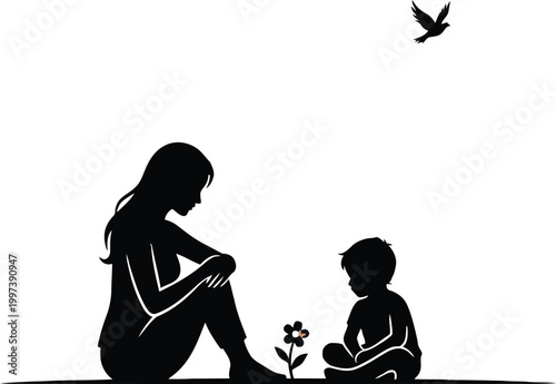 mother and child sitting together silhouette high quality