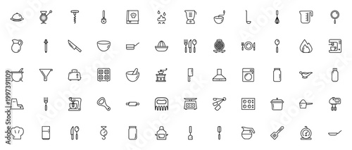 Kitchenware icon set. Cooking and kitchen vector icons pack. Includes dish, blender, stove, knife, spoon, mixer, pan, toaster, fridge and more. Editable stroke.