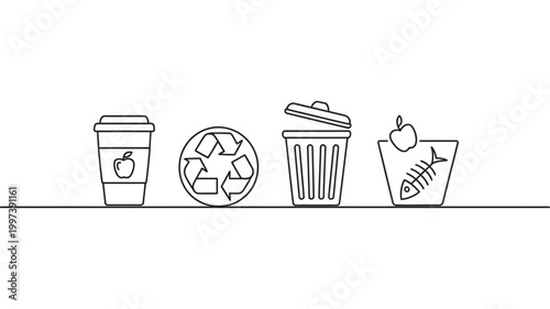 Waste management icons: coffee cup recycling symbol trash can compost bin with apple and fish bones, recycling