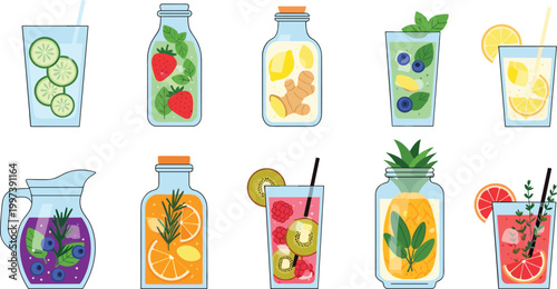 Fresh Fruit Infused Water and Juice Drink Icons Featuring Lemon, Strawberry, Cucumber, and Pineapple for Digital Design