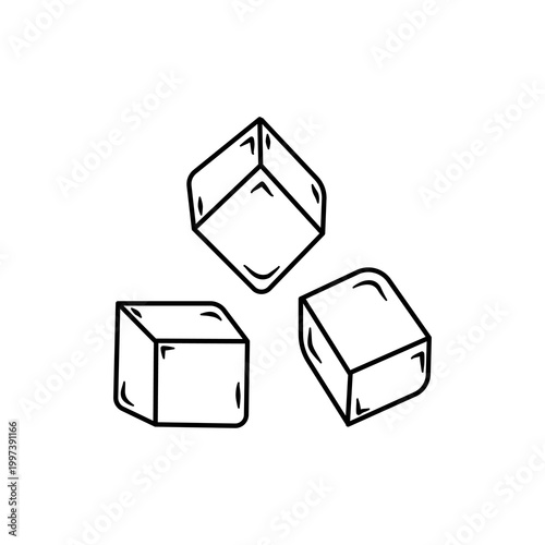 Hand drawn ice cube set in black outline style, minimal line art cubes with simple shading, clean geometric illustration isolated on white background