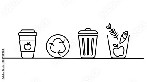Waste and recycling icons: disposable coffee cup recycling arrows garbage bin compost container with recycling