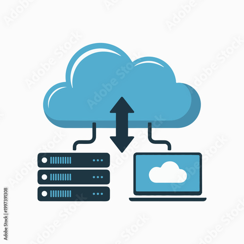 Digital cloud computing icon showing data transfer between a powerful server rack system and a modern laptop computer screen display