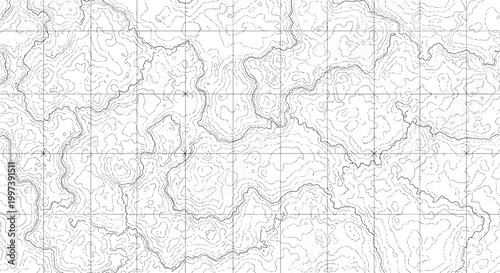 Abstract black and white topographic map pattern with contour lines and a coordinate grid overlay for navigation.
