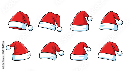 Collection of traditional red and white Santa Claus hats in various positions and angles for festive holiday designs.