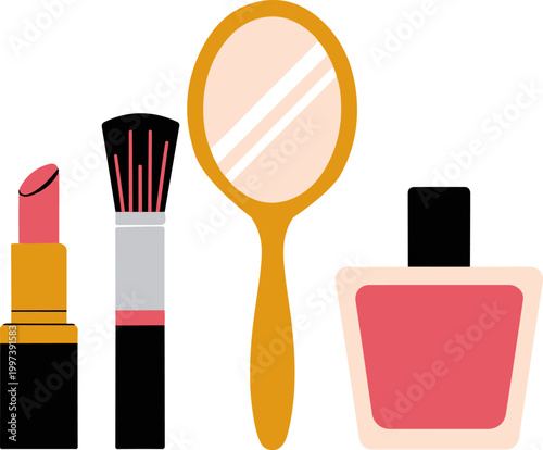 A collection of essential beauty and cosmetic products, including lipstick, a makeup brush, a hand mirror, and perfume, displayed together.