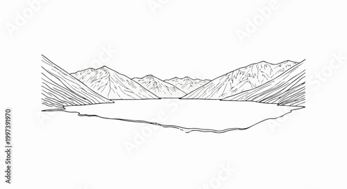 Black and white sketch of a serene mountain lake surrounded by peaks
