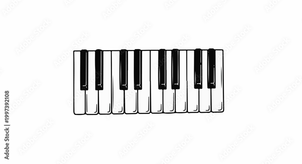 Fototapeta premium Black and white illustration of a section of piano keys on a white background