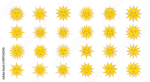 Grid of vintage style sun icons featuring expressive human faces with rays in bright yellow for celestial and summer designs.