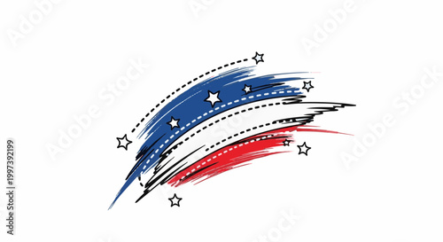 Abstract red, white, and blue brush strokes with dashed lines and stars