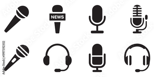 Set of black microphone and headset icons for audio and broadcast media