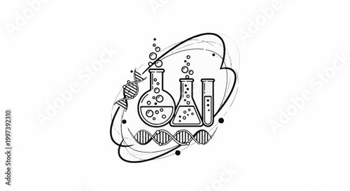 Abstract scientific illustration featuring glassware, DNA, and swirling lines