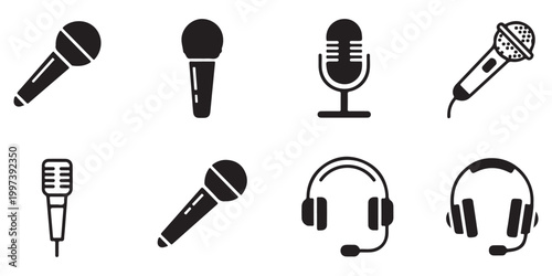 Collection of professional microphone and audio headset icons