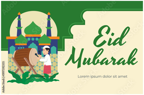 Horizontal Eid Mubarak banner with copy space, featuring smiling Muslim kids characters, bedug decorations, and mosque silhouette, green and cream colour