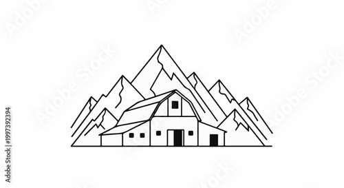 Barn nestled against a backdrop of jagged mountain peaks in a minimalist line art style
