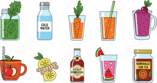 Healthy Juice and Cold Drink Icons Featuring Lemonade, Carrot Juice, and Herbal Tea for Web and App Design