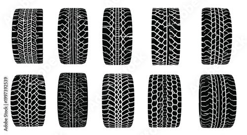 Set of different black and white tire tread patterns representing various vehicle types from off-road trucks to performance cars.