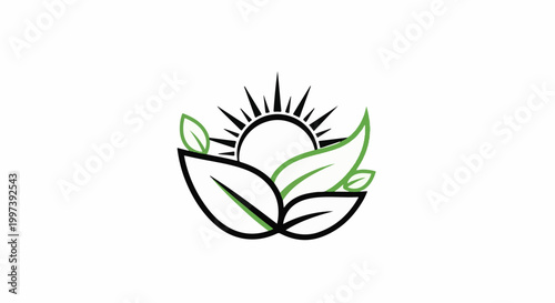Abstract sun and leaf design with green outlines