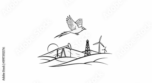 Bird flies over oil rig and wind turbines on hilly terrain