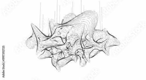 Abstract, flowing, multi-layered sculpture with contoured lines, suspended from above