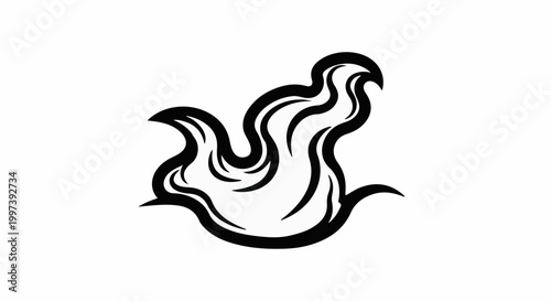 Black abstract flame graphic with swirling curves on white background