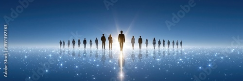 Silhouette of a business leader walking towards a bright light, followed by a team on a sparkling digital landscape