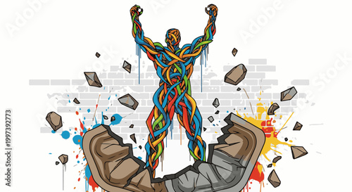 Abstract figure composed of colorful strands breaks through a brick wall