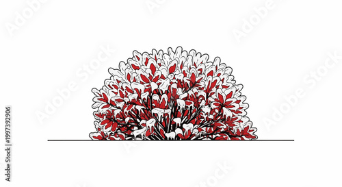 Artistic depiction of a dense, rounded shrub with vibrant red leaves touched by frost