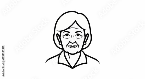 Black and white cartoon portrait of an older woman with a smiling face