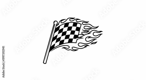 Black and white checkered racing flag with flames, waving