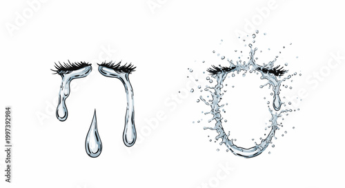 Artistic depiction of two pairs of eyes with water-like tears flowing