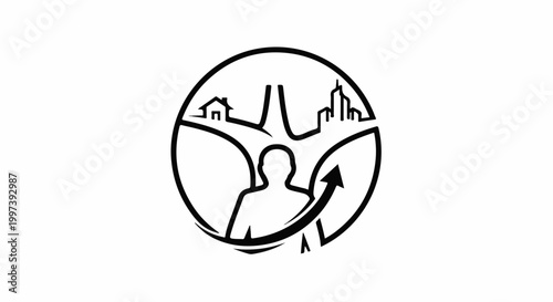 Abstract symbol of a person with an arrow pointing upwards and city/home icons