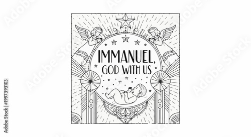 Art Deco scene with angels, stars, a baby, and scripture text