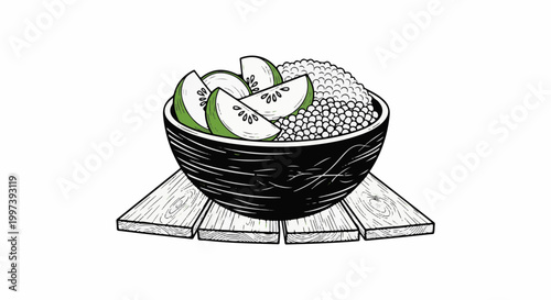 Black and white drawing of a bowl filled with grains and sliced green fruit