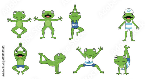 Adorable set of green cartoon frogs performing various yoga poses and exercises in cute athletic outfits for health themes.