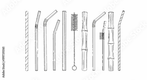 Assorted drinking straws reusable, paper, metal, bamboo, and cleaning brush