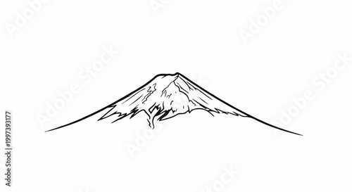 Artistic sketch of a conical mountain with textured slopes against a white backdrop