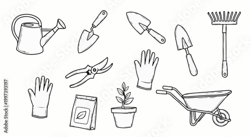 Assorted garden tools, gloves, a potted plant, and a wheelbarrow depicted