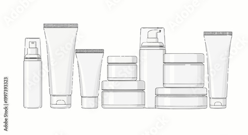 Assortment of cosmetic containers, tubes, and jars in a line