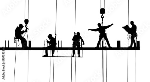 Silhouette workers building a structure on a rooftop