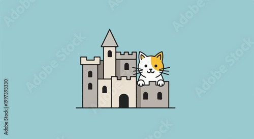 Adorable cartoon cat peeking over a fortified castle wall