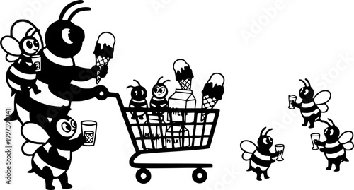 Funny black and white cartoon bee mother pushing a shopping cart filled with baby bees and groceries. Silhouette vector style illustration.