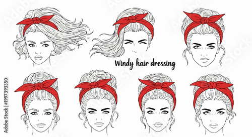 Artistic sketches of female faces with different hairstyles and red bandanas