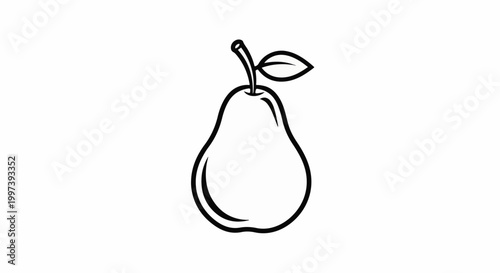Black and white outline drawing of a ripe pear with a stem and leaf