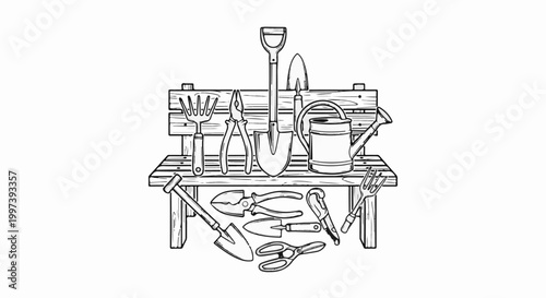 Assortment of garden tools displayed on a wooden bench and shelf