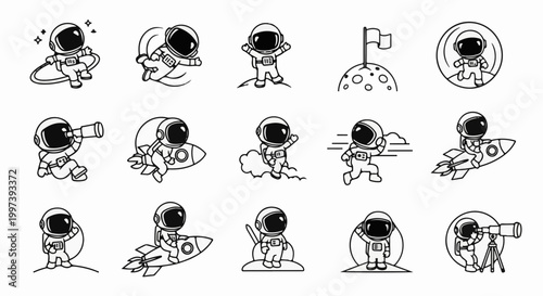 Adorable cartoon astronauts in various space-themed poses and activities
