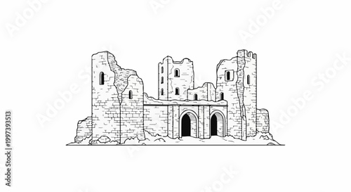 Ancient stone castle ruins with arched entrance and broken towers