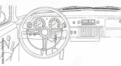 Black and white outline drawing of a vintage car's dashboard and steering wheel